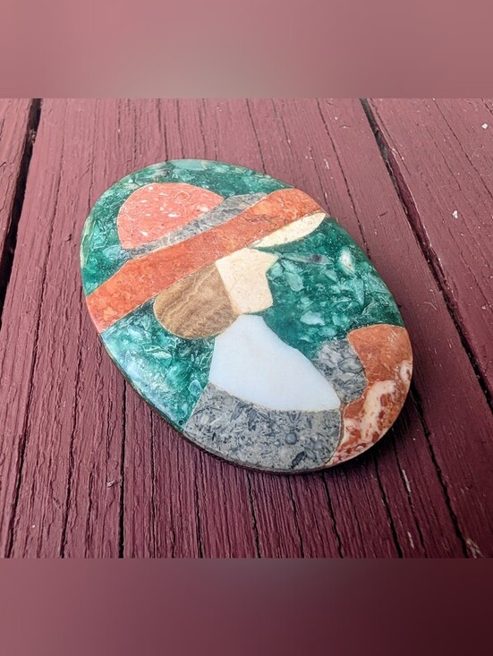 Artisan Jewelry - Vintage 80s Art Deco Revival Lady in Hat Inlay Mosaic Brooch Wood Back Folk Art